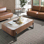 Rectangular coffee table in porcelain marble, walnut and dark metallic steel