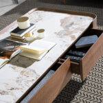 Rectangular coffee table in porcelain marble, walnut and dark metallic steel