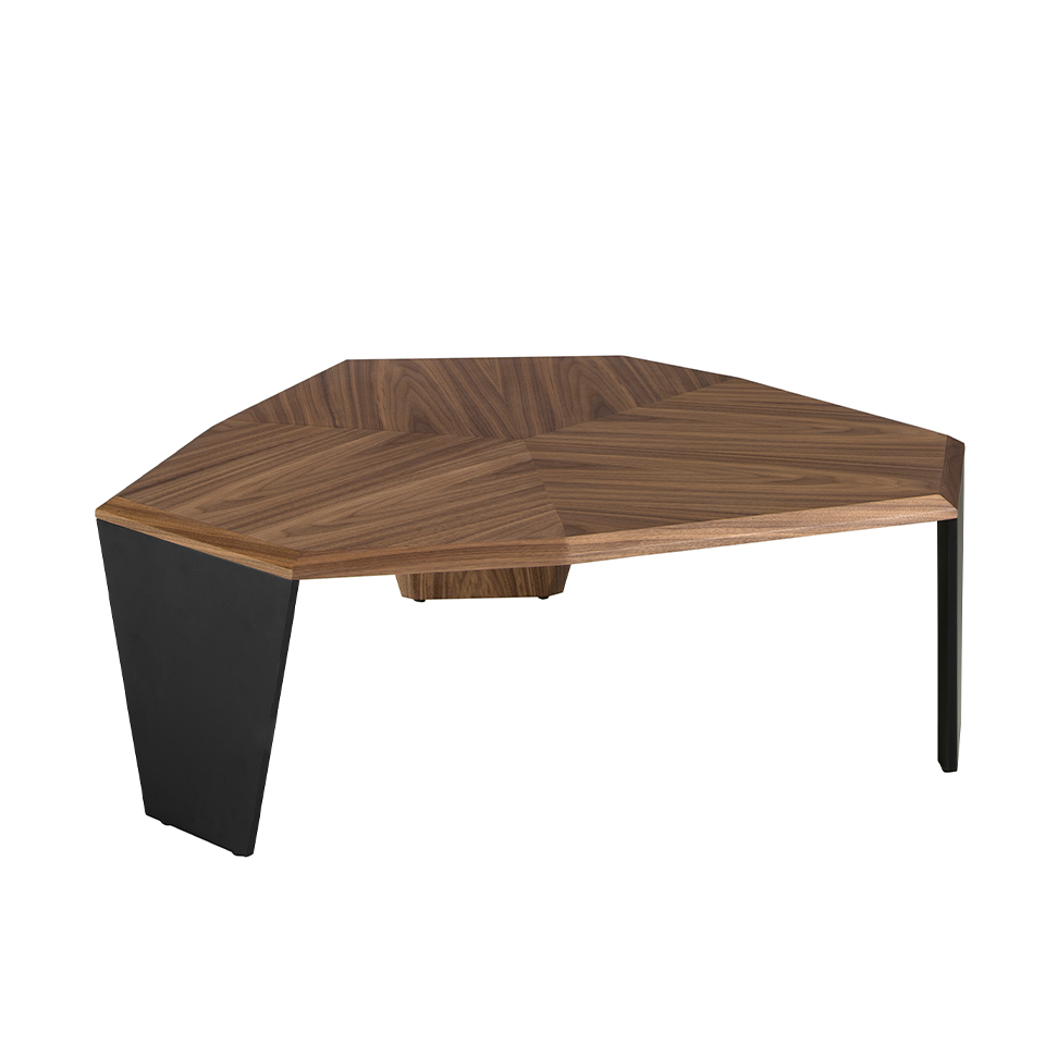 Asymmetrical walnut and black pvc coffee table
