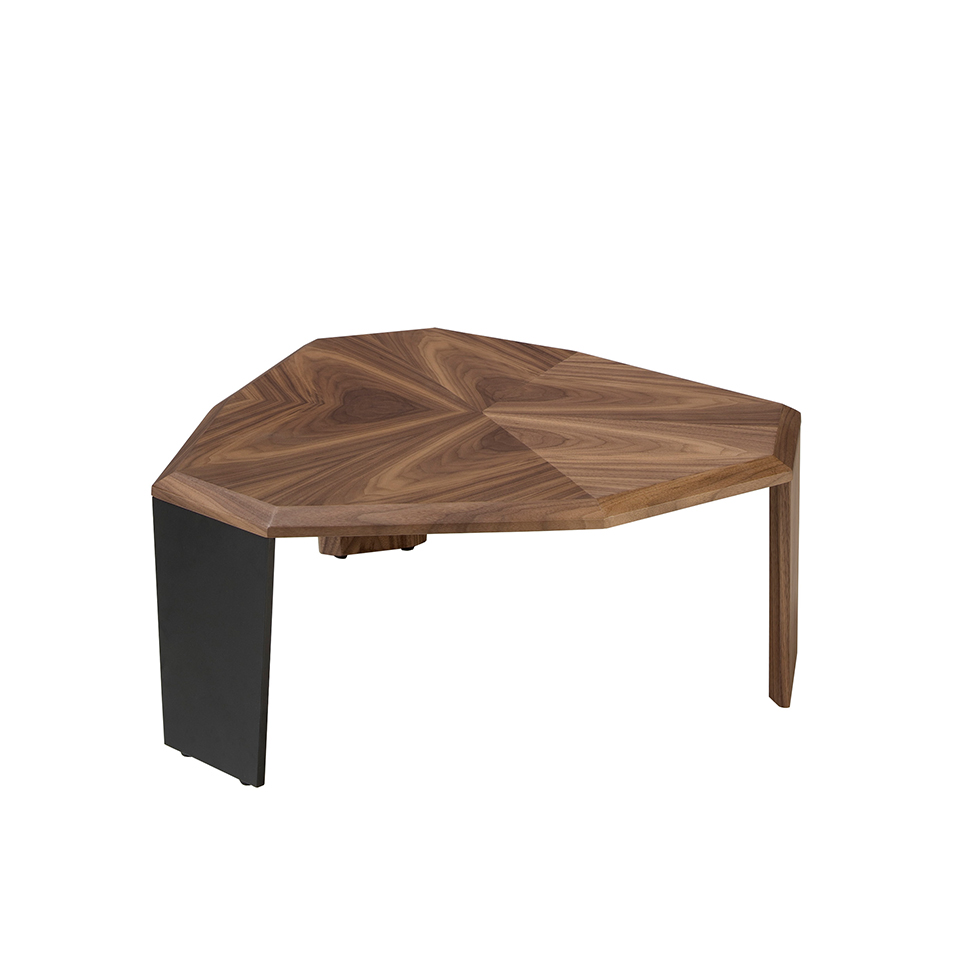 Asymmetrical coffee table in walnut and black pvc