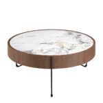 Table basse ronde en marbre porcelaine, noyer et acier noir