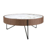 Table basse ronde en marbre porcelaine, noyer et acier noir