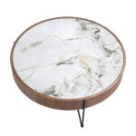 Table basse ronde en marbre porcelaine, noyer et acier noir