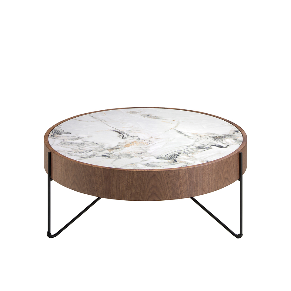 Table basse ronde en marbre porcelaine, noyer et acier noir