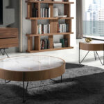 Round coffee table in porcelain marble, walnut and black steel