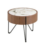 Round corner table in porcelain marble, walnut and black steel