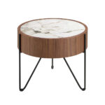 Round corner table in porcelain marble, walnut and black steel