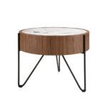 Round corner table in porcelain marble, walnut and black steel