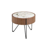 Round corner table in porcelain marble, walnut and black steel