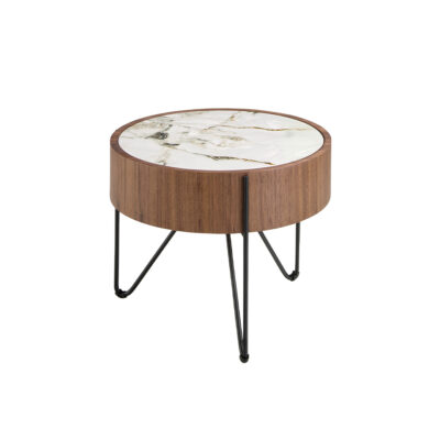 (Español) Mesa rincón redonda mármol porcelánico, nogal y acero negro corner table - Angel Cerda