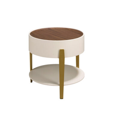 (Español) Mesa rincón redonda nogal, madera beige y acero pulido dorado corner table - Angel Cerda