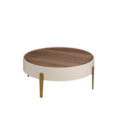 (Español) Mesa centro redonda nogal, madera beige y acero pulido dorado coffee table - Angel Cerda