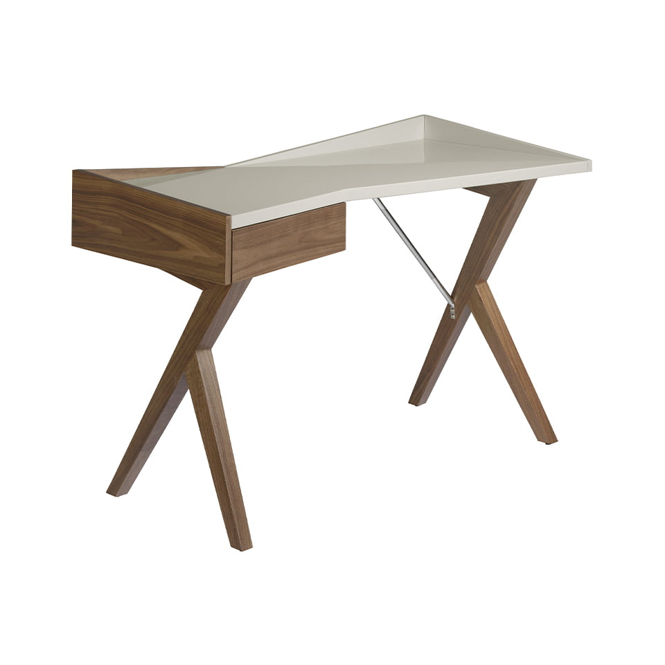 Bureau en bois de noyer et plateau laqué gris perle