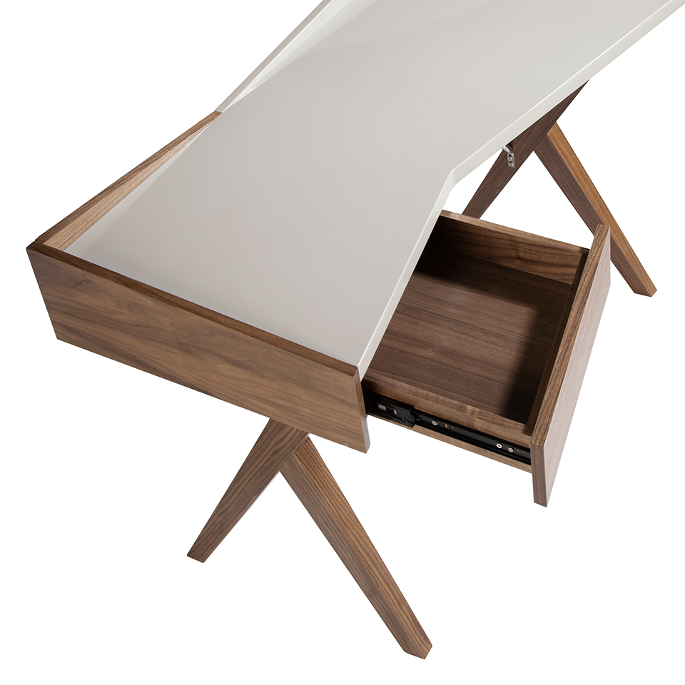 Schreibtisch aus Walnussholz und perlgrau lackierte Platte