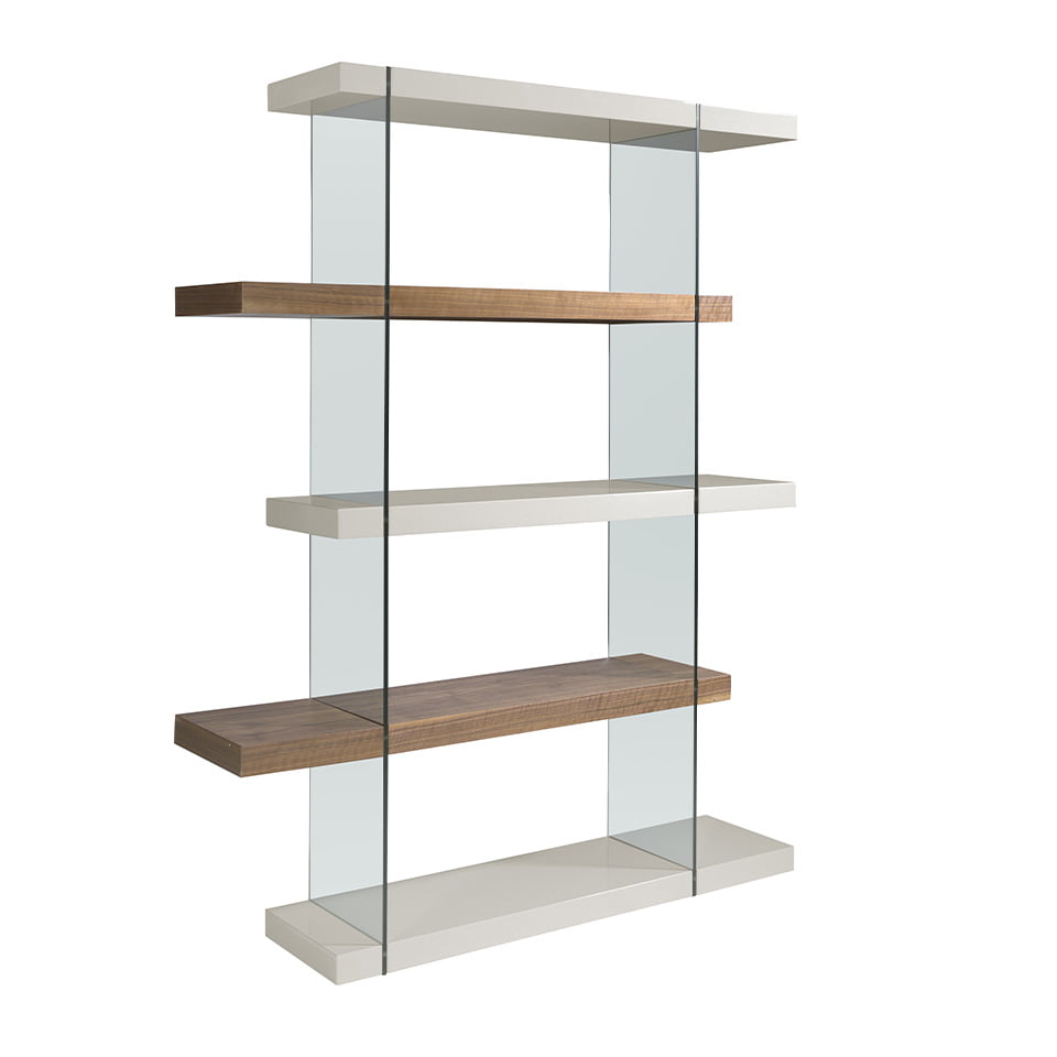 Tempered glass shelf with Walnut and Pearl Gray wood shelves