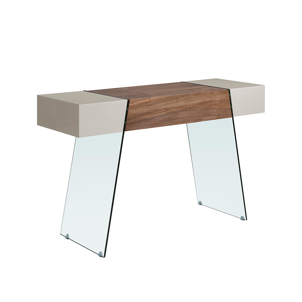 Walnut wood console and tempered glass