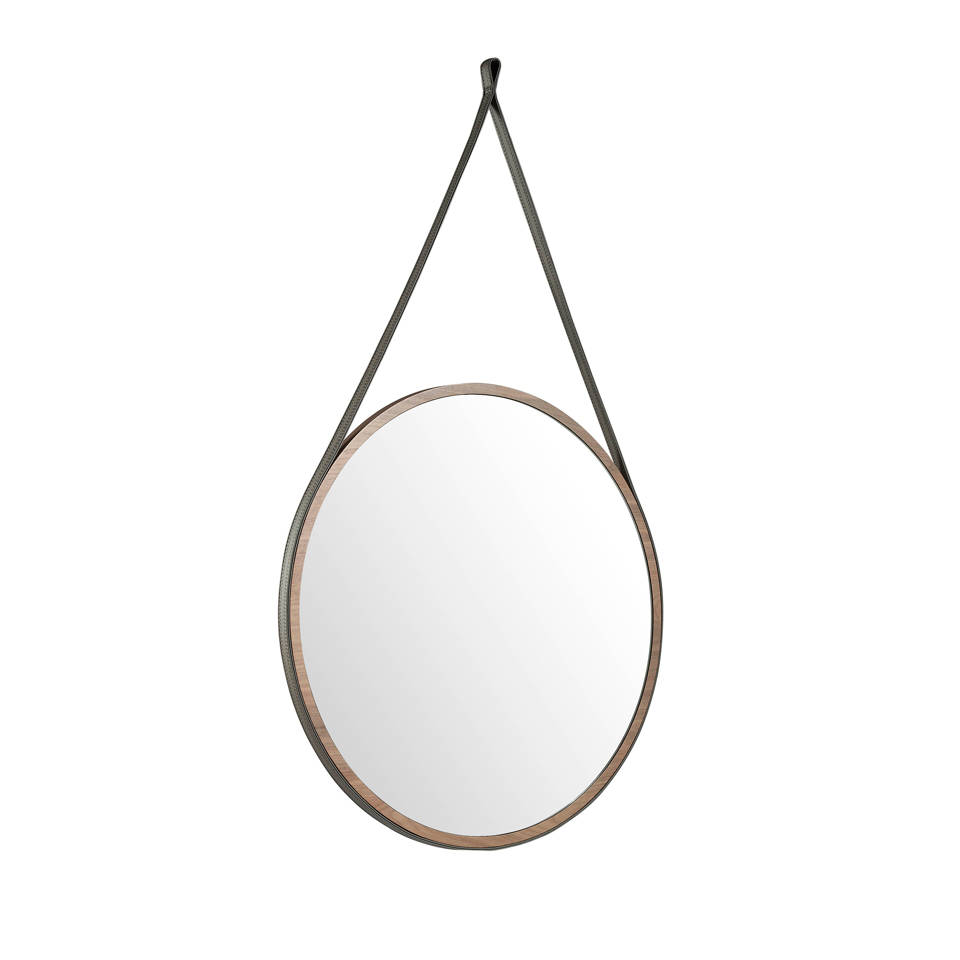 Круглое настенное зеркало с рамой из дерева орехового цвета