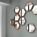 Walnut wood frame hexagonal mirror