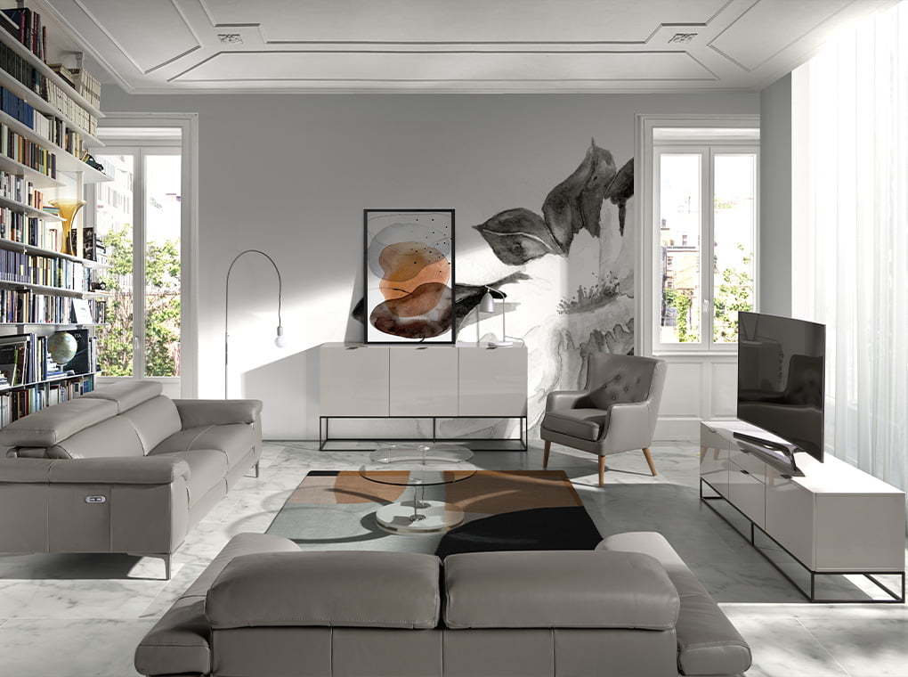 Mueble TV de madera color Gris Perla y acero negro