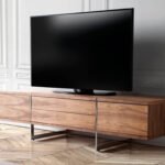 Walnut wood and chromed steel TV cabinet