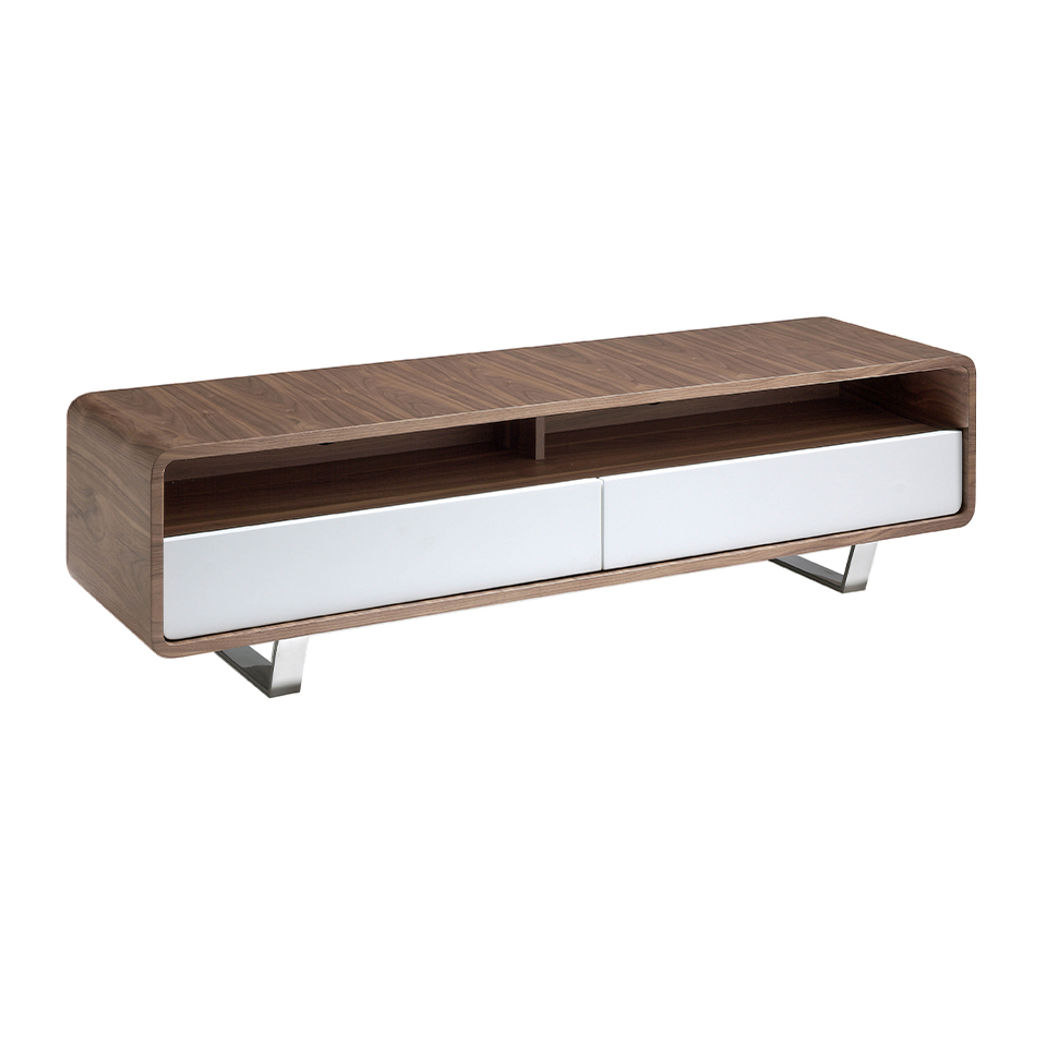 Walnut wood TV cabinet with white drawers and chrome steel