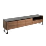 Walnut wood TV cabinet and black tempered glass top