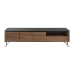 Walnut wood TV cabinet and black tempered glass top