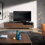 Walnut wood TV cabinet and black tempered glass top