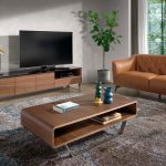 Walnut wood TV cabinet and black tempered glass top