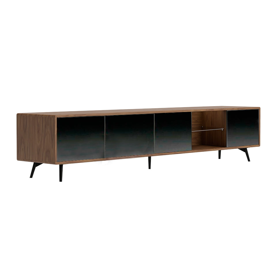 Mueble TV de madera Nogal y puertas cristal negro espejo