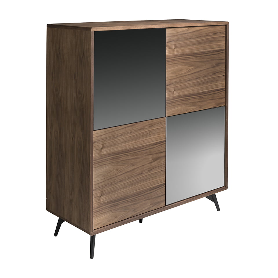 Walnut wood sideboard and black mirror glass doors