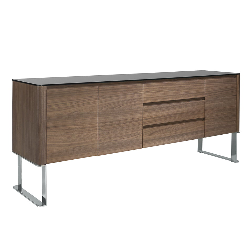 Sideboard aus Walnussholz und schwarze Platte aus gehärtetem Glas