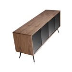 Walnut wood sideboard and black mirror glass doors