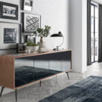 Walnut wood sideboard and black mirror glass doors