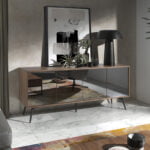 Walnut wood sideboard and black mirror glass doors