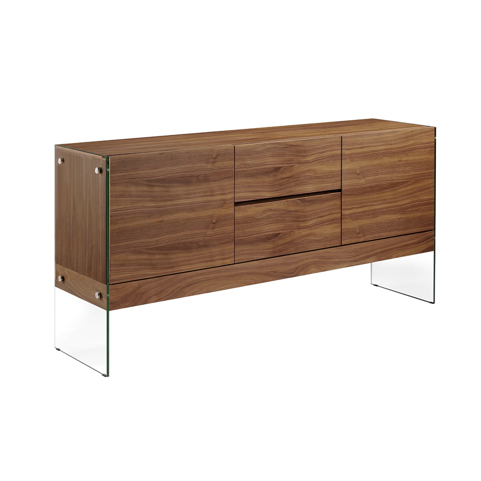 Walnut wood sideboard and tempered glass