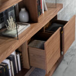Walnut colored wooden shelf and tempered glass