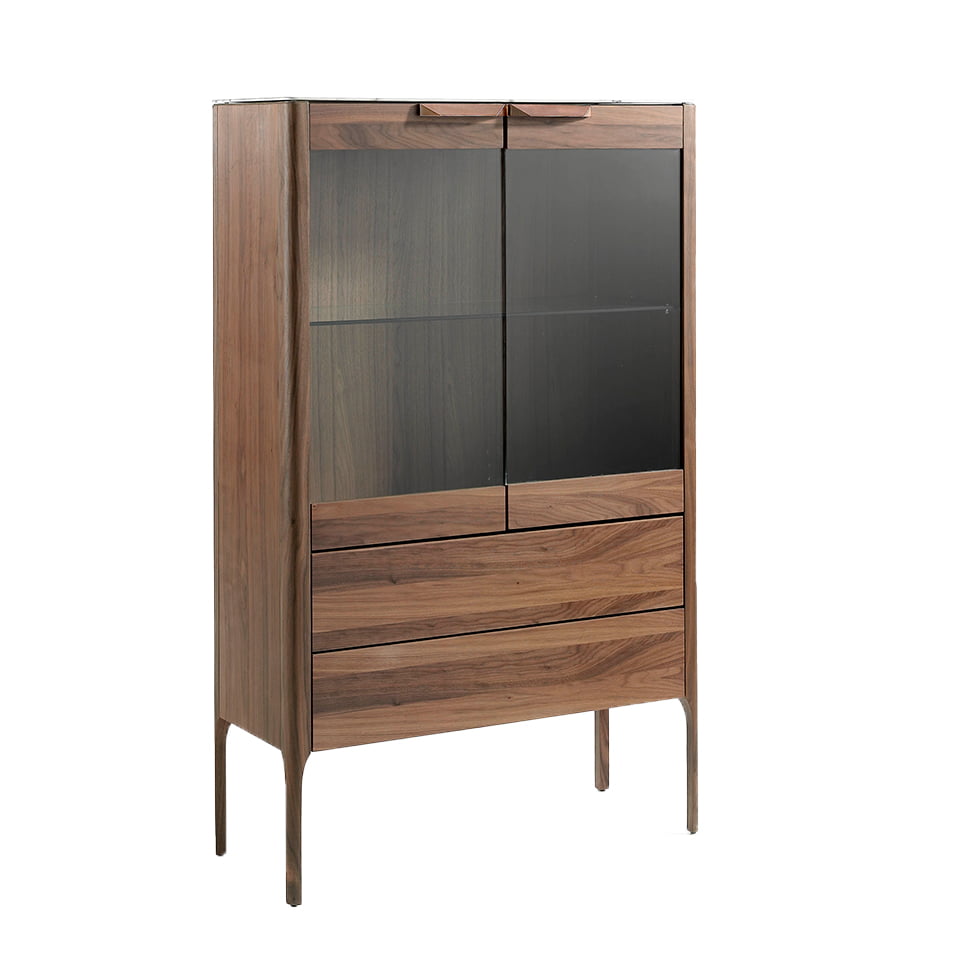 Walnut wood display cabinet and marble-effect fiberglass top