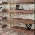 Walnut colored wooden shelf and tempered glass