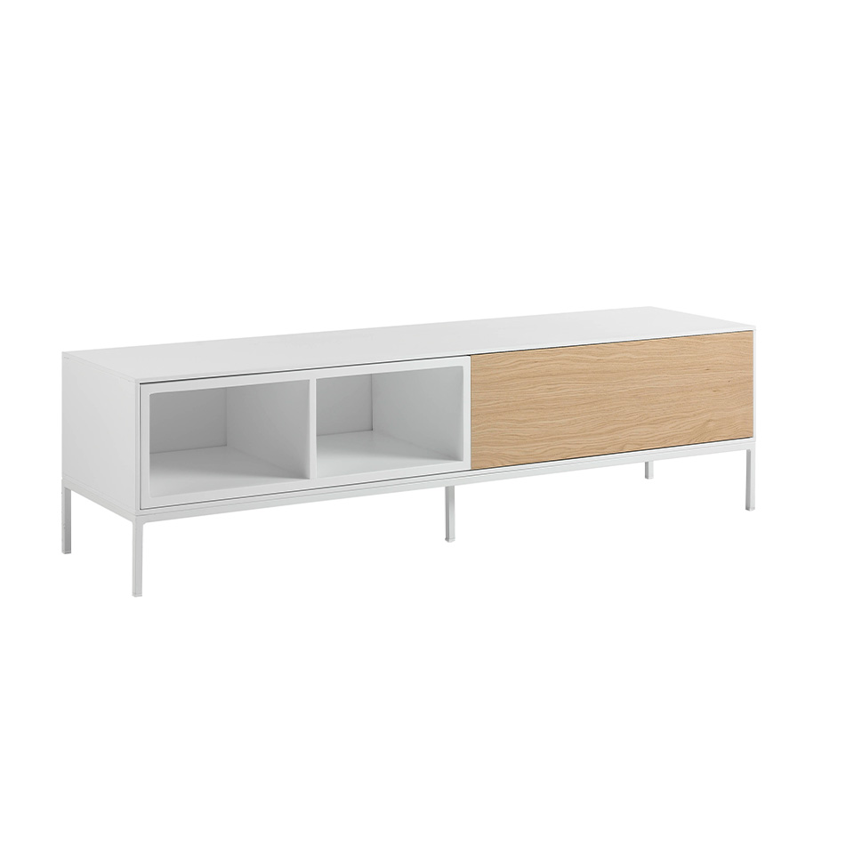 Mueble TV de madera blanca, roble y acero blanco