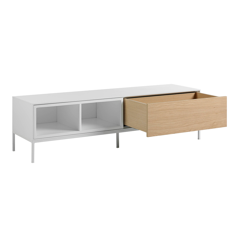 TV stand in white wood, oak and white steel
