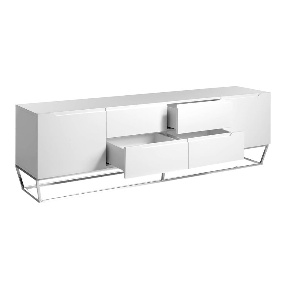 Mueble TV de madera color Blanco y acero cromado Mueble TV de madera color Blanco y acero cromado