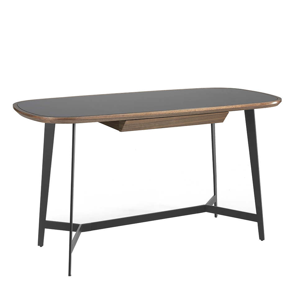 Schreibtisch aus Walnussholz und schwarzes Buntglas