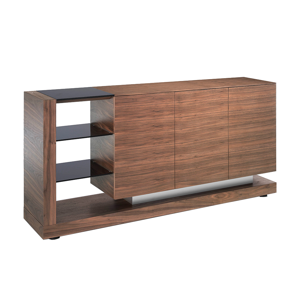 Sideboard aus Walnussholz und schwarzes Buntglas