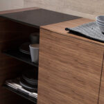 Walnut wood sideboard and black stained glass