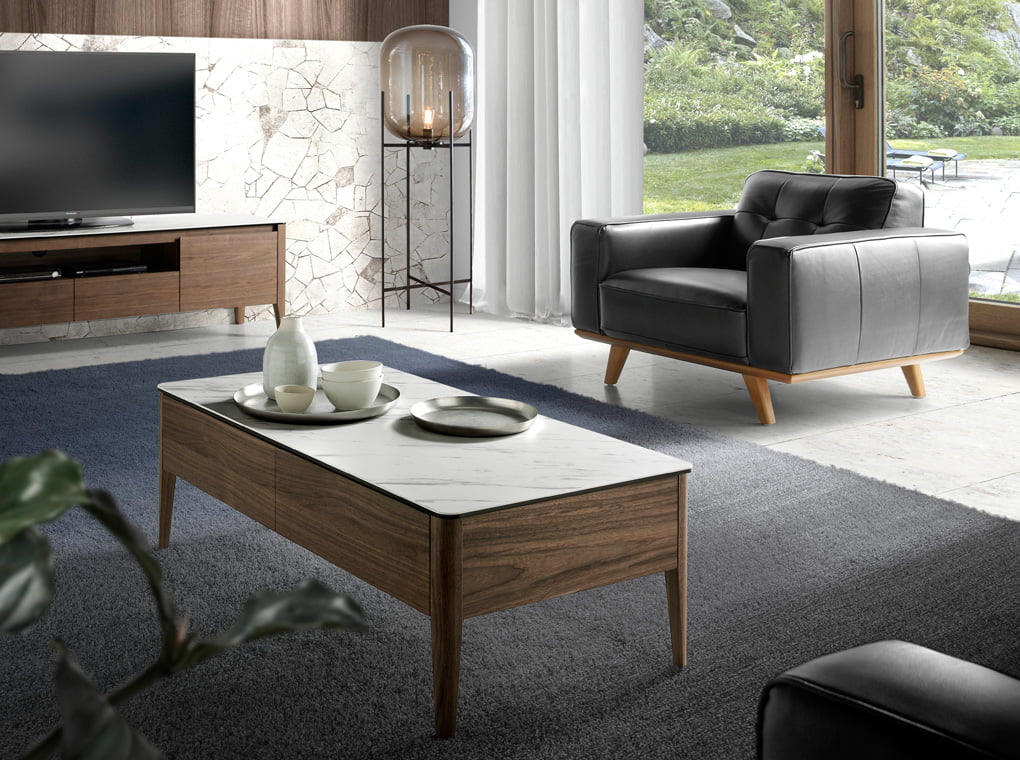 Coffee table made of walnut-veneered wood with ceramic marble top Coffee table made of walnut-veneered wood with ceramic marble top