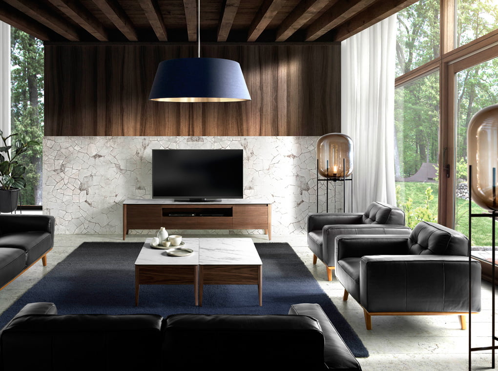 Coffee table made of walnut-veneered wood with ceramic marble top Coffee table made of walnut-veneered wood with ceramic marble top