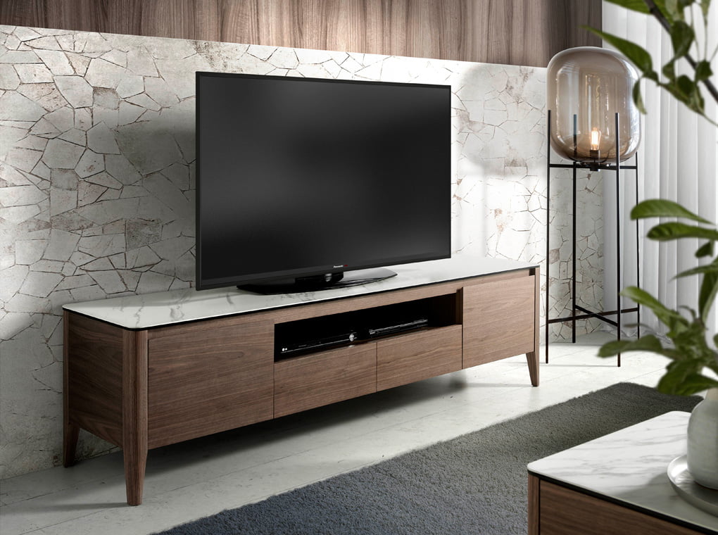 TV stand made of walnut-veneered wood with ceramic marble top TV stand made of walnut-veneered wood with ceramic marble top