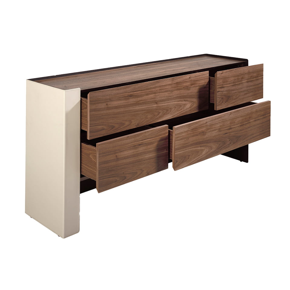 Chest of drawers in walnut wood and chrome-plated steel and recycled leather Chest of drawers in walnut wood and chrome-plated steel and recycled leather