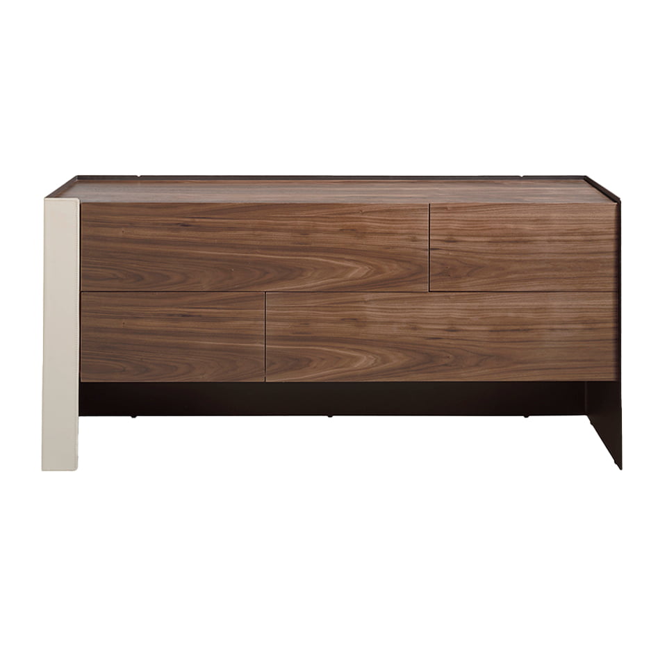 Chest of drawers in walnut wood and chrome-plated steel and recycled leather Chest of drawers in walnut wood and chrome-plated steel and recycled leather